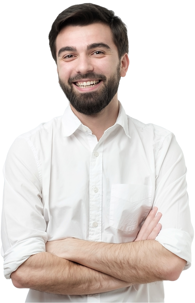 Smiling instructor with folded arms