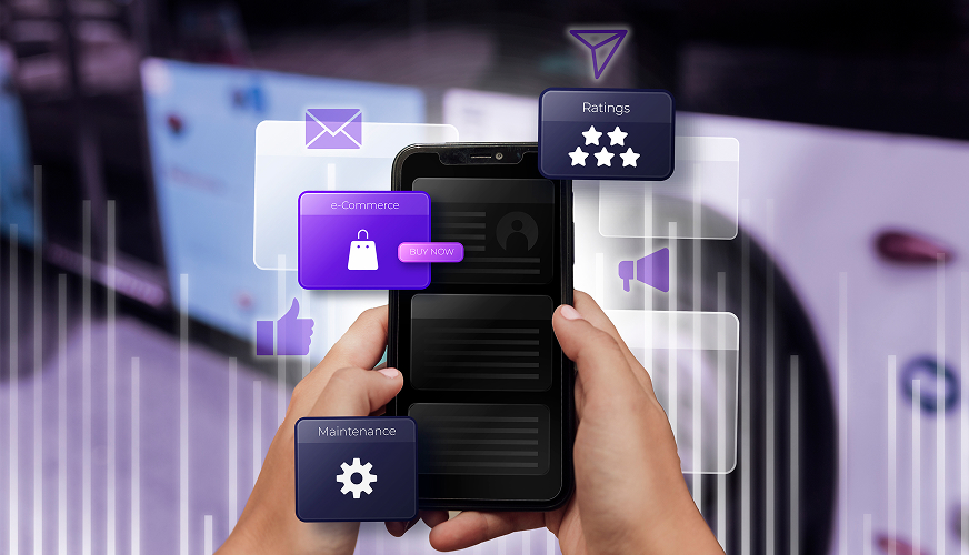 Hands holding a phone surrounded by floating interface cards