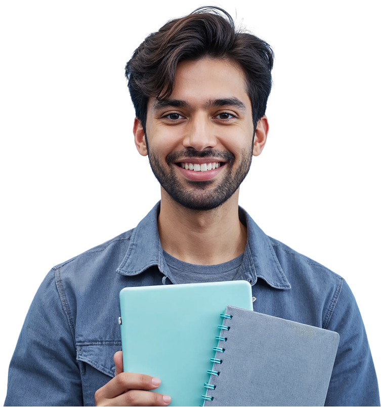 Smiling student holding a tablet and notebook